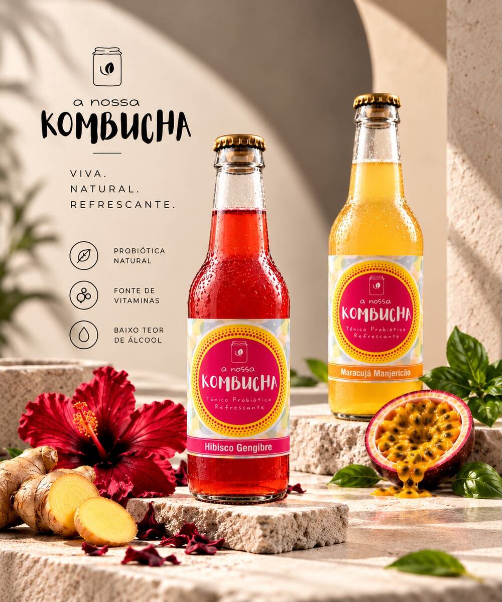 Duas garrafas de A Nossa Kombucha — Hibisco & Gengibre e Maracujá & Manjericão — sobre pedra com flor de hibisco, gengibre e maracujá fresco