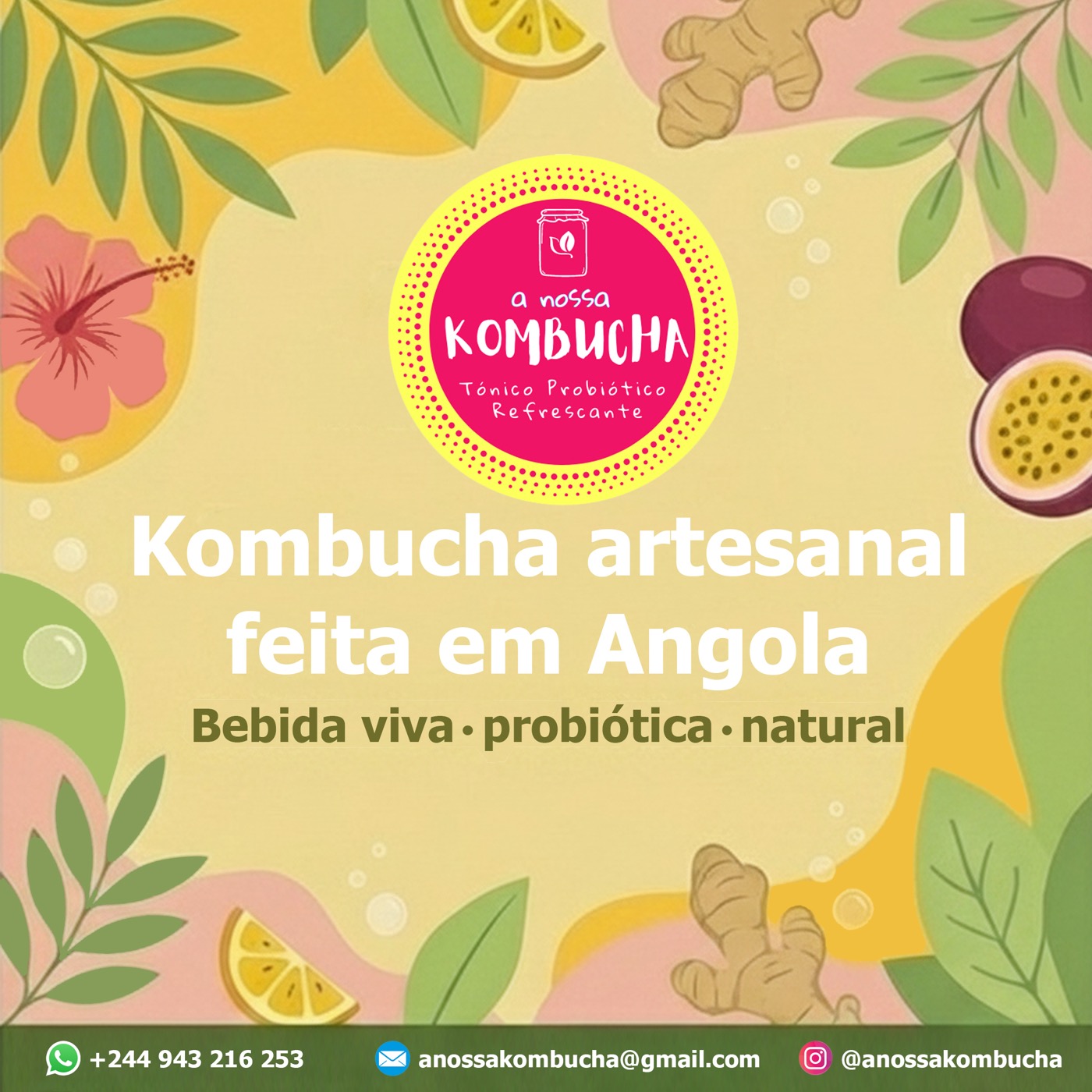 Painel principal do stand: Kombucha artesanal feita em Angola — bebida viva, probiótica, natural